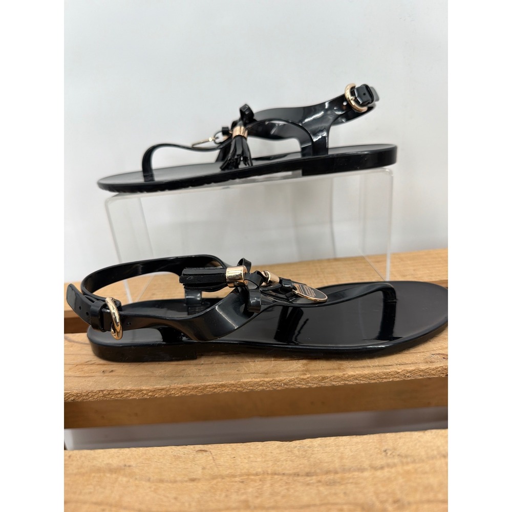 Coach Helma Black Jelly Thong Sandals Bow Tassel Gold Logo 8B EUR 38 - Picture 8 of 8